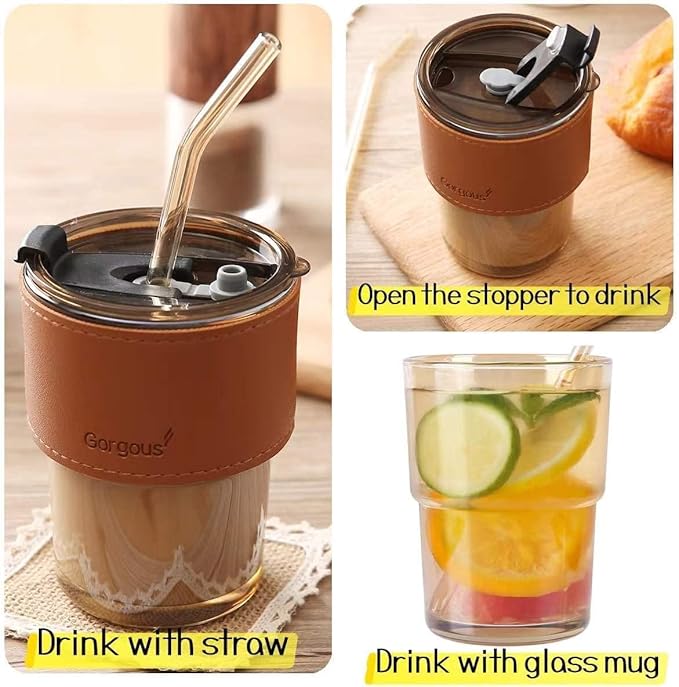Glass Coffee Sipper with Lid and Glass Straw 400ML
