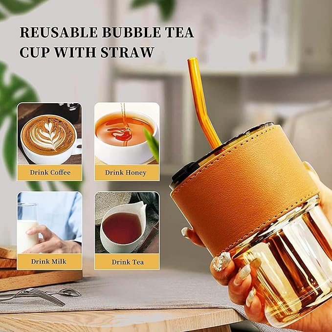 Glass Coffee Sipper with Lid and Glass Straw 400ML