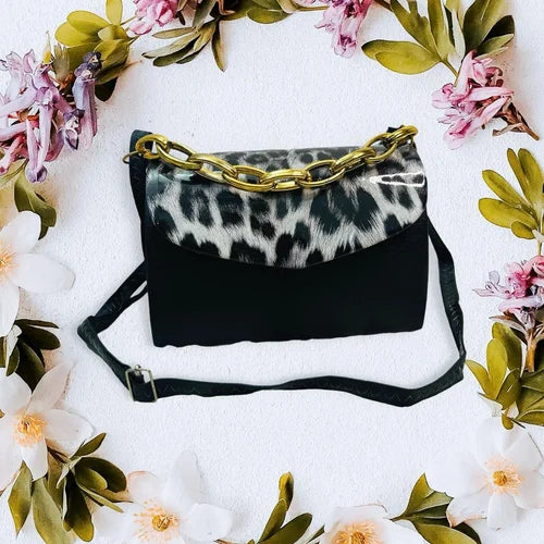 Women’s Leopard Print Sling Bag with Gold Chain Strap